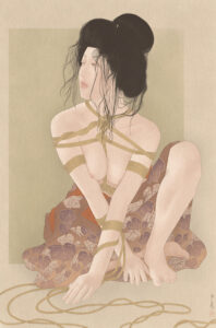 an erotic image showing a woman tied with ropes in the manner of kinbaku or shibari. By Swedish artist Senju.