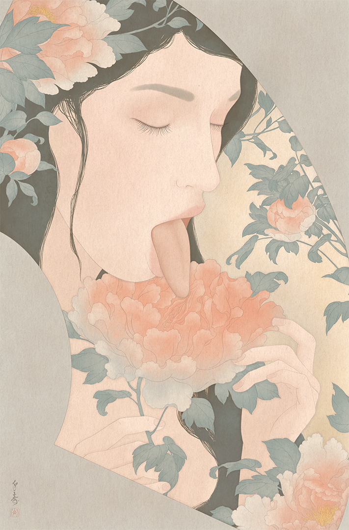 An image of a sensual painting by Swedish erotic artist Senju. It shows a beautiful young woman performing oral sex on a peony flower.