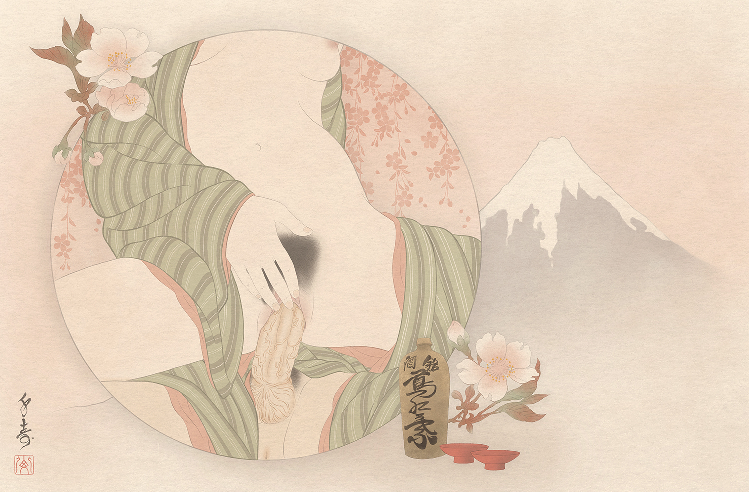 An erotic and sensual shunga print from the series "36 views of mt. Fuji" by Swedish artist Senju. It shows a man and a woman having passionate sex beneath blossoming cherry trees.
