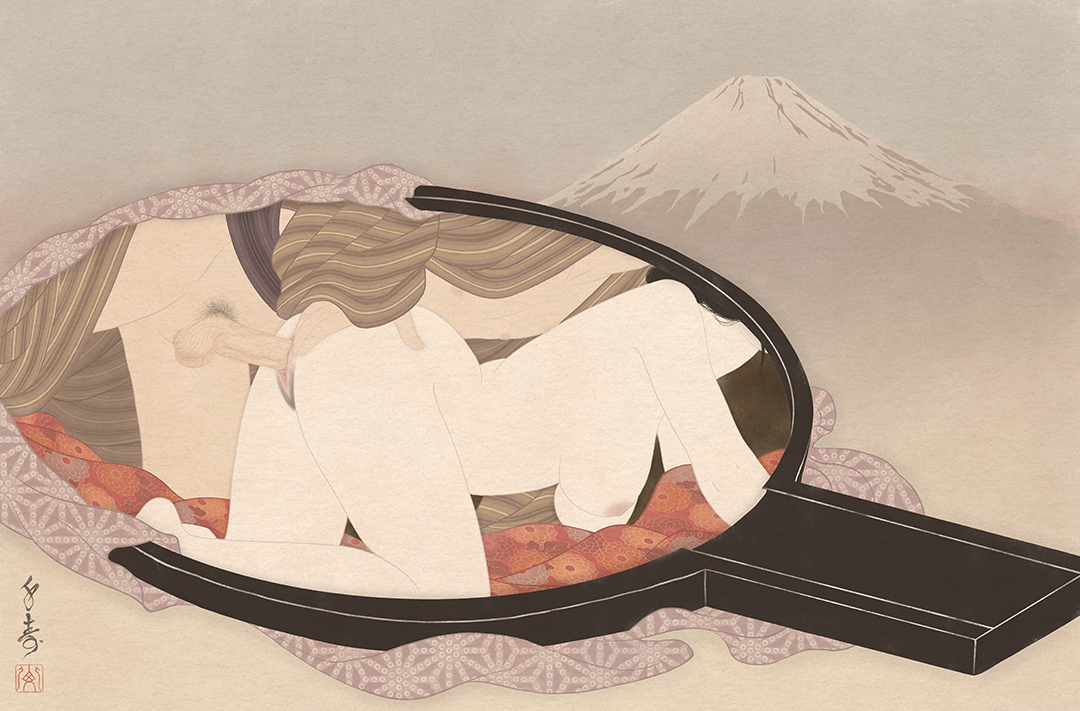 A senual and erotic shunga print showing a pornographic scene. In the traditional Japanese shunga style. By swedish artist senju