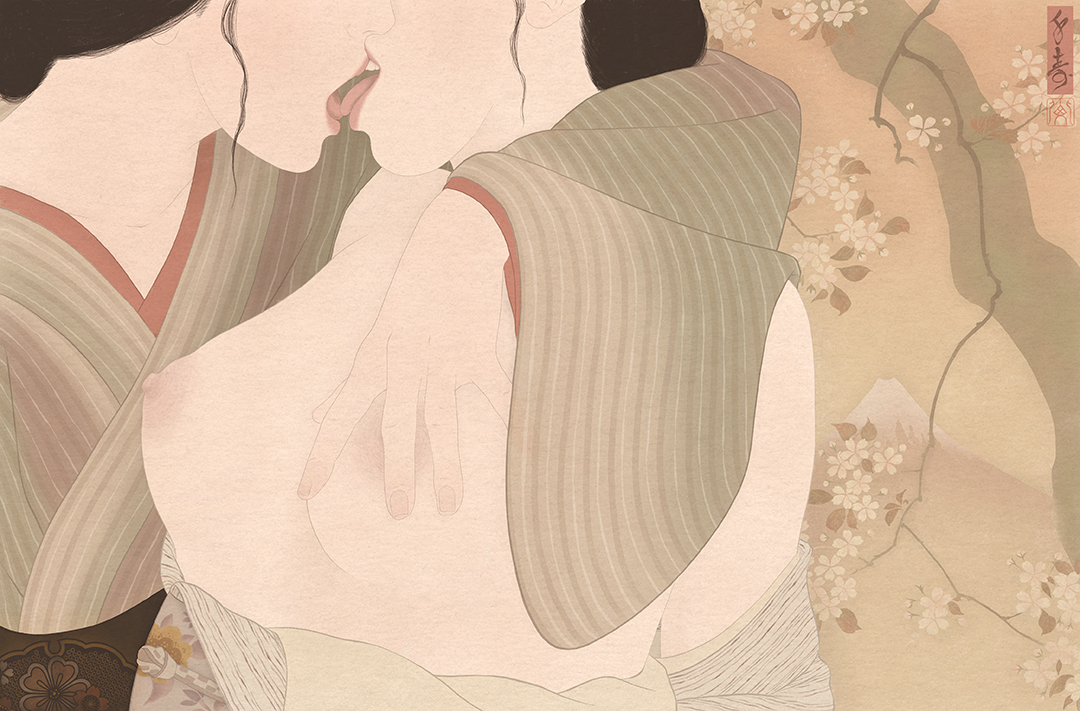 An image of a sensual and erotic Shunga painting by Swedish artist Senju. It depicts two young women kissing beneath the sakura cherry trees in view of Mount Fuji. Part of a series of 36 prints celebrating Hokusai's masterpiece Ukiyoäe series 36 Views of Mount Fuji.