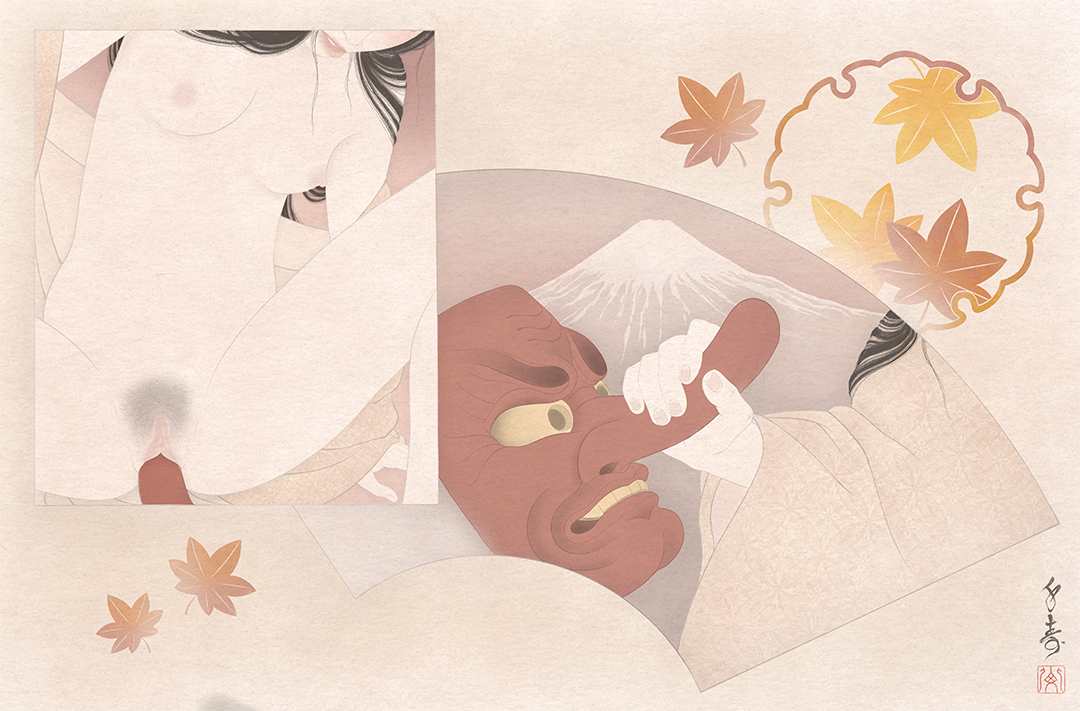A sensual and erotically charged Shunga painting by Senju, depicting a young, beautiful Heian era woman masturbating with a tenge mask. Ninth installment in the 36 views of fuji Shunga series