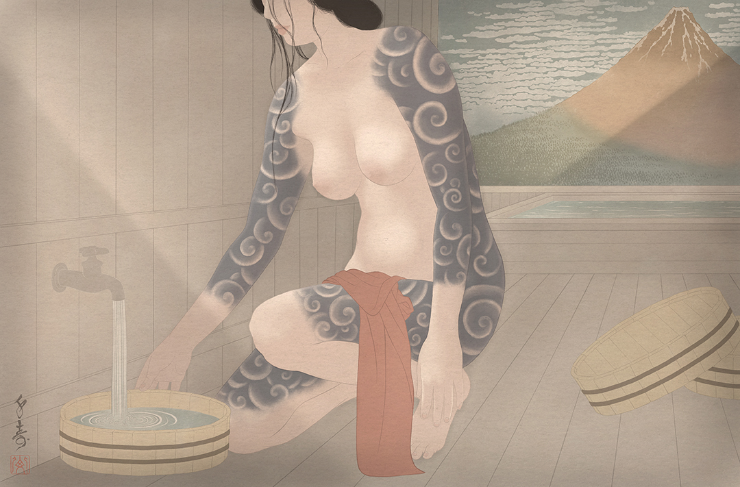 a sensual and erotic print by Swedish artist Senju, depicting a tattooed woman wearing a full body suit tattoo in the traditional Japanese irezumi style. A shunga celebration of the 36 views of Mount Fuji by Hokusai.