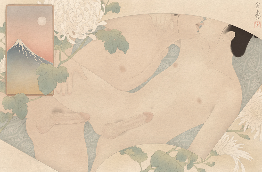 A sensual gay erotic painting in the Japanese shunga style. This erotic artwork is by the Swedish artist Senju, and is an homage to the original Ukiyo-e print series by Hokusai.