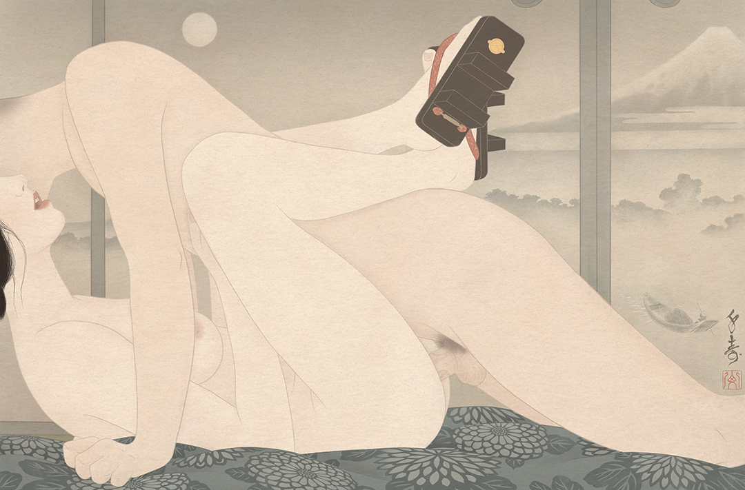 An erotic painting in the traditional Japanese shunga style. depicting a couple fucking in front of a folding screen depicting a scene of Mount Fuji at night. The woman is wearing Geta, Japanese wooden clogs. This work is a part of a series of sensual paintings by Senju. An homage to the original series 36 views of Mount Fuji by Hokusai.