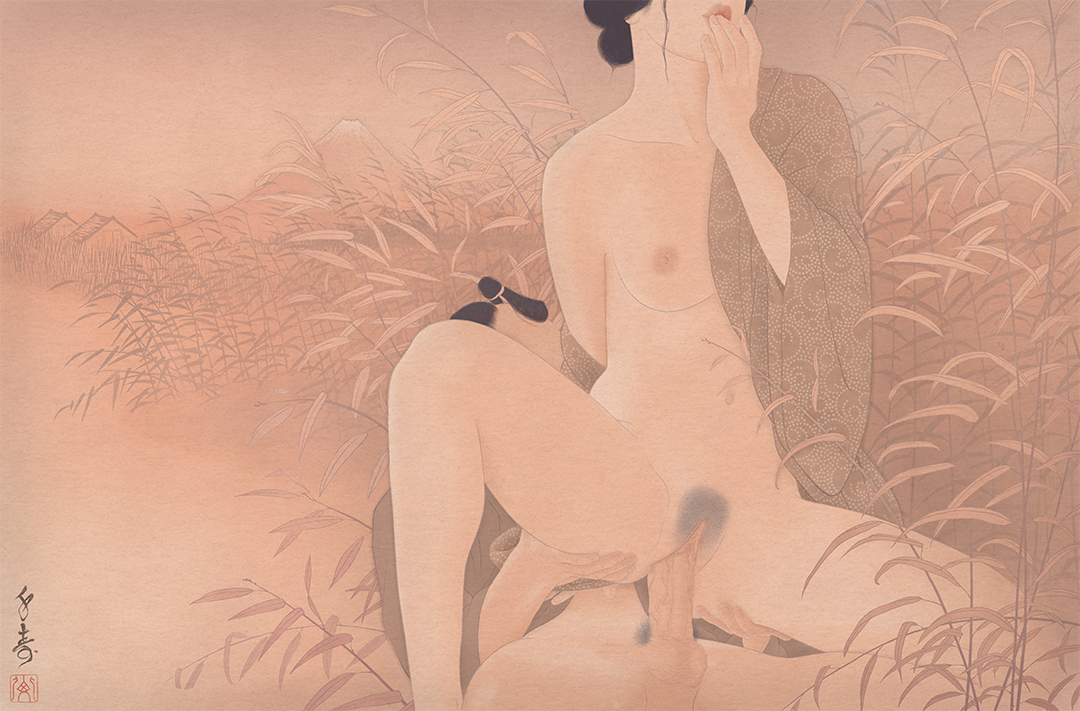 An image of a sensual and erotic shunga painting by Swedish artist Senju. Traditional Japanese erotic art.