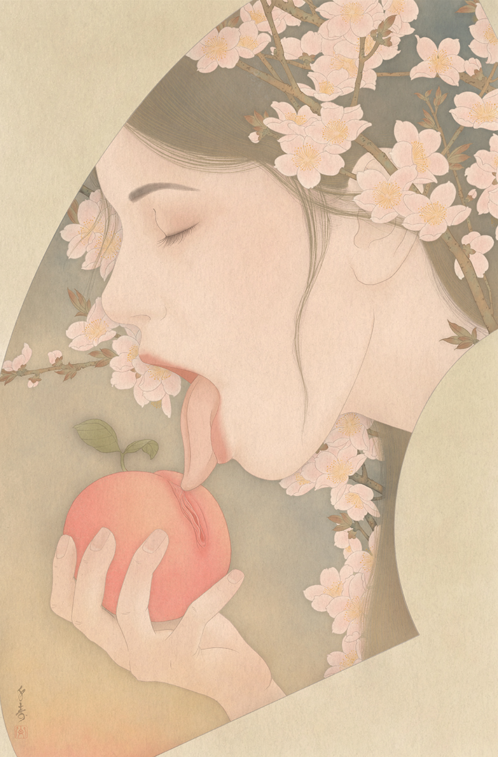 sweet peach, lesbian oral sex, momo, amai, shunga, senju, japanese art, ukiyo-e, sensual art, erotic art A seductive and sensual erotic portrait in traditional Japanese nihonga painting style. A shunga work by Senju.