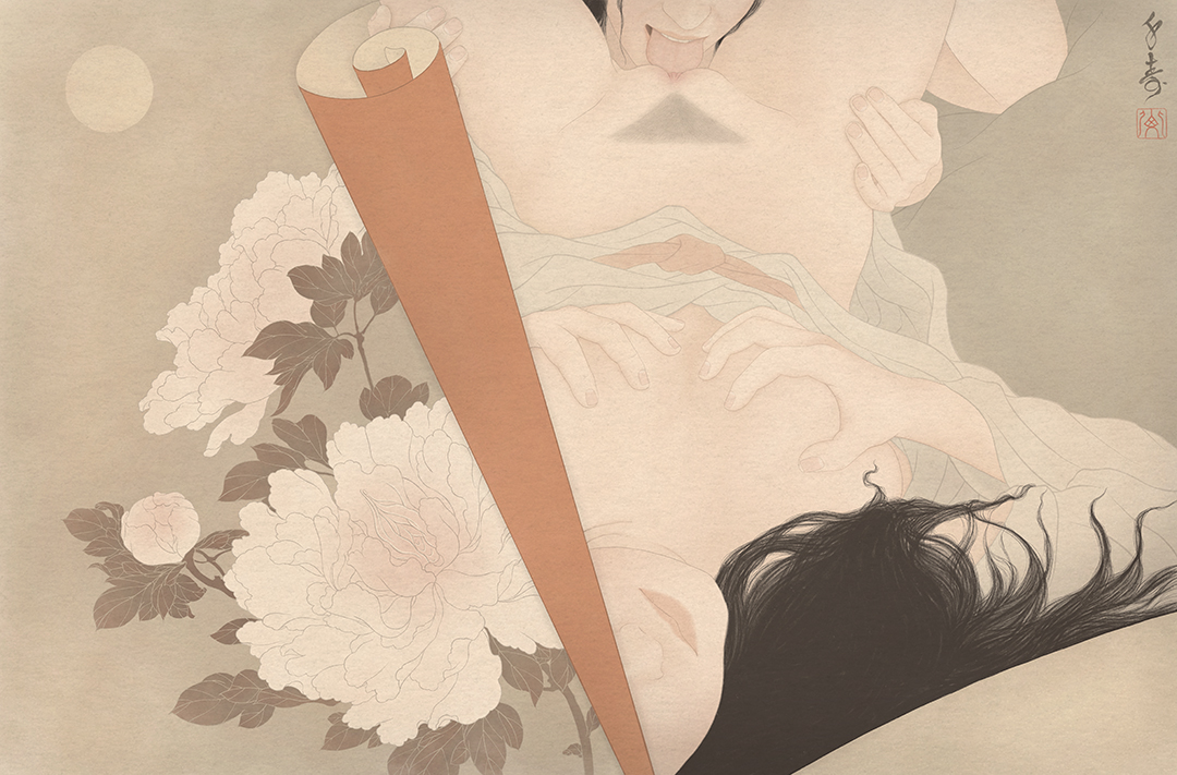 An image showing a sensual and erotic shunga painting by Senju. A lesbian love couple are having sex undertake fulll moon. Part of a homage to the original 36 views of Mount Fuji by Hokusai.