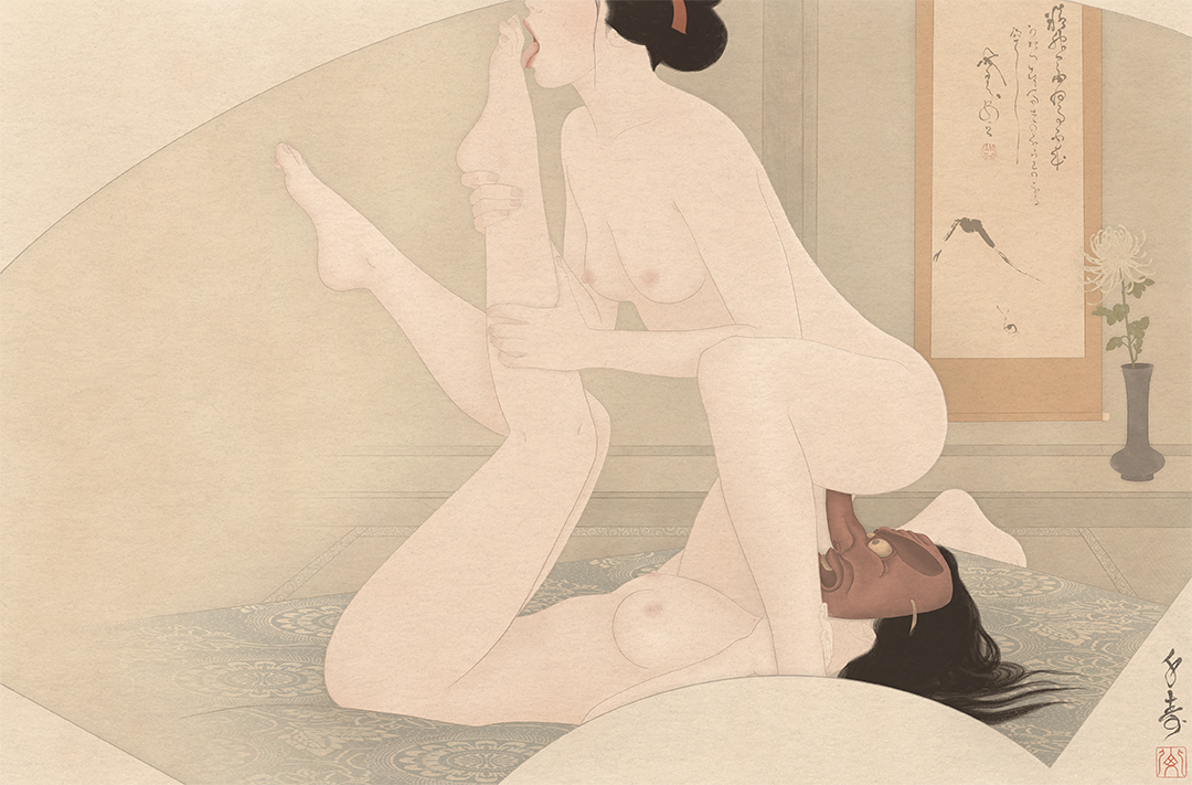 A Sensual and erotic shunga painting by Swedish artist Senju. Showing two beautiful women in a very special encounter where one is licking the other's feet and the other uses a long nosed goblin tenge mask as a dildo.