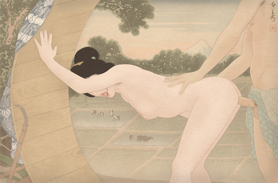 This Japanese porn shunga image shows an erotic and sensual painting by Swedish erotic artist Senju. It shows a beautiful nude female being fucked doggystyle in a traditional Japanese art Ukiyo-e landscape.