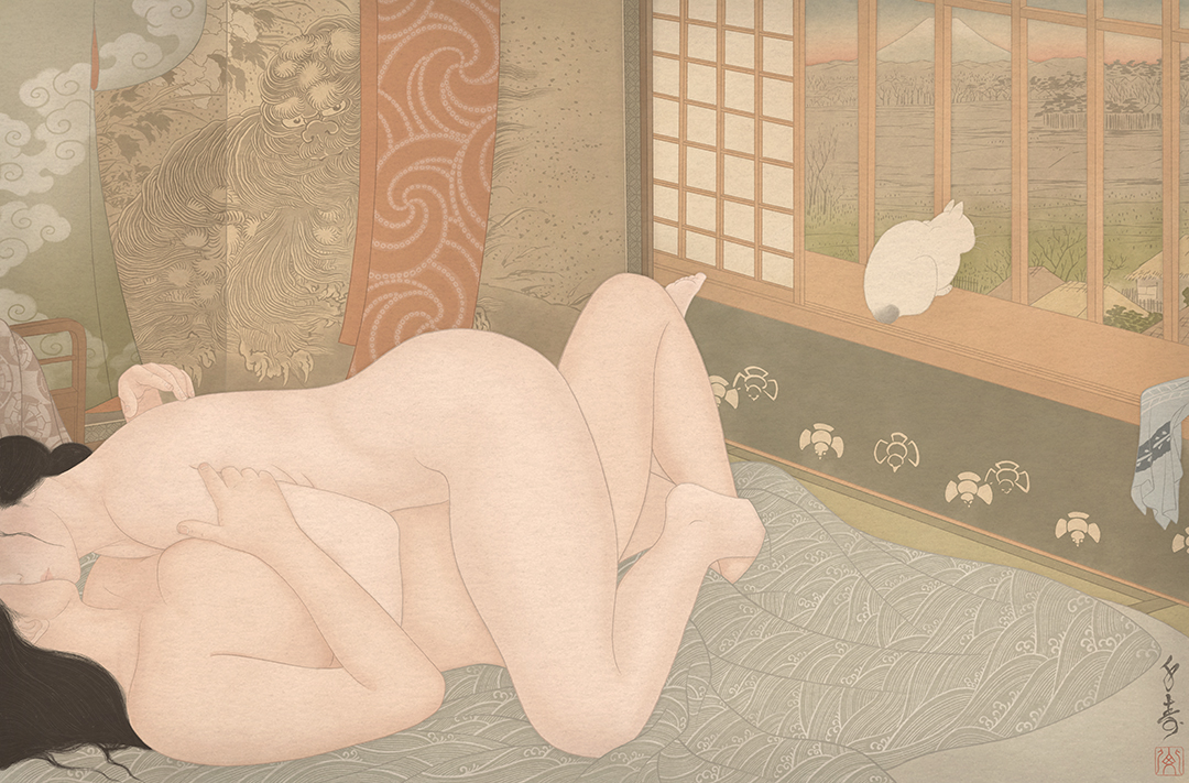 This image shows a beautiful nude female couple in an erotic and sensual embrace in a eco period room in Asakusa. In the window sits a cat watching the landscape outside.